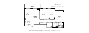A floor plan of a three bedroom, one bathroom apartment at Edgehill Apartments.