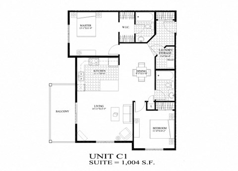 Two bedroom, two bathroom apartment layout at Elizabeth Gardens in Edmonton, AB