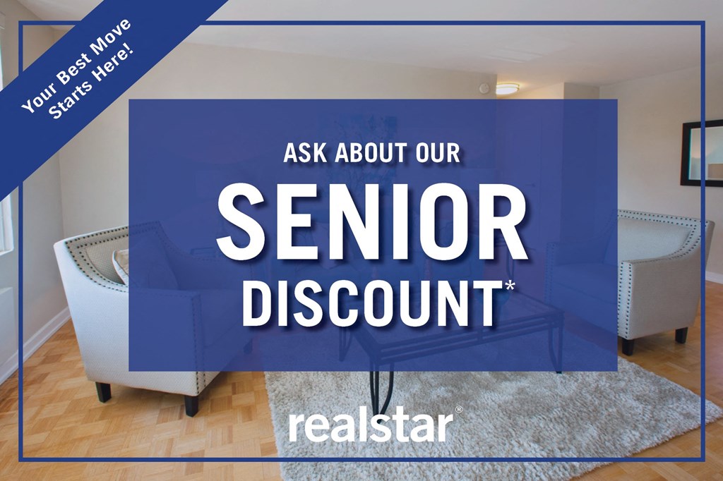 a couch in a living room with the text ask about our senior discount