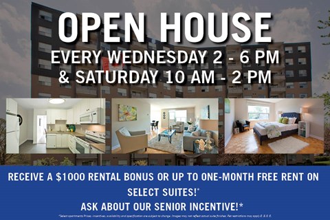 An advertisement for open house events on Wednesdays and Saturdays, offering a $1000 rental bonus or one-month free rent on select suites.