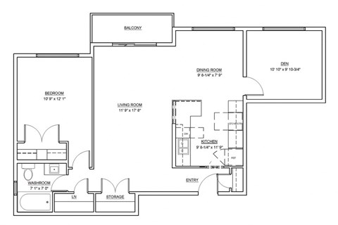 One bedroom plus den, one bathroom apartment layout at Fairway Towers in Sarnia, ON