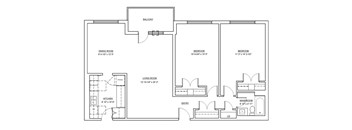 Two bedroom, one bathroom apartment layout at Fairway Towers in Sarnia, ON