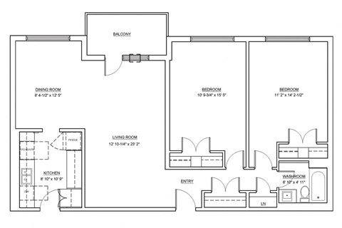Two bedroom, one bathroom apartment layout at Fairway Towers in Sarnia, ON