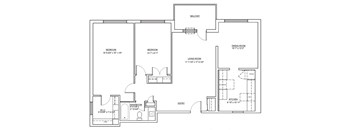 Two bedroom, one bathroom apartment layout at Fairway Towers in Sarnia, ON