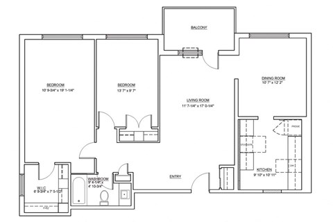 Two bedroom, one bathroom apartment layout at Fairway Towers in Sarnia, ON