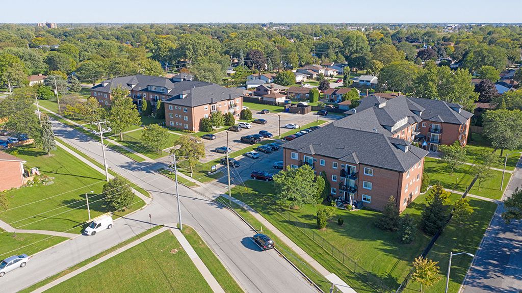 Garden Court in Windsor, ON drone view of exterior buildings