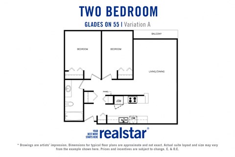 Glades on 55 apartments two bedroom, one bathroom variation A