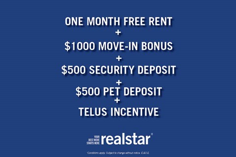 A promotional image for realstar offers a one month free rent, $1000 move-in bonus, and two $500 deposits for pets and security.