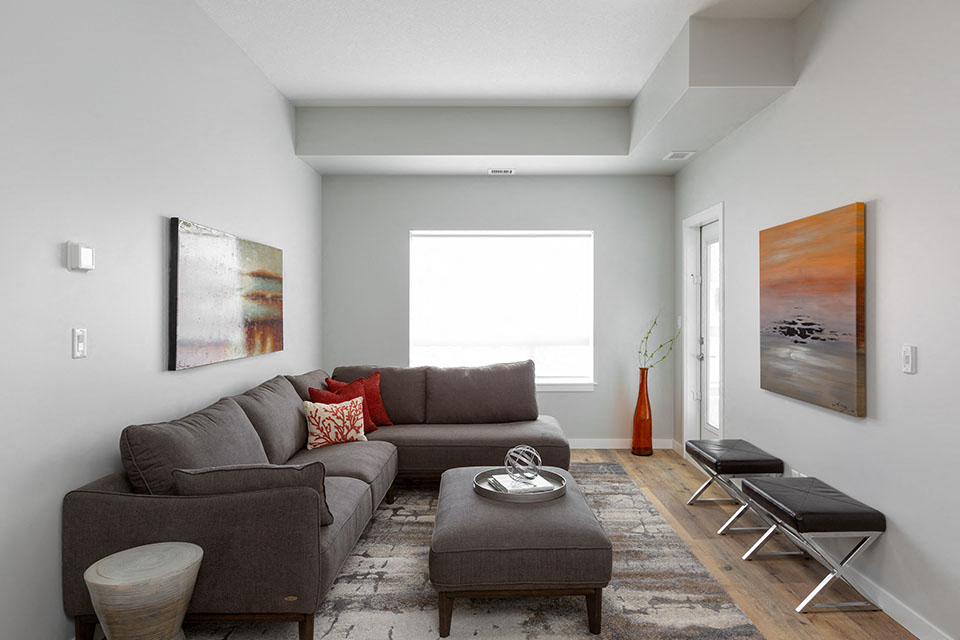 A living room with a grey couch and a coffee table.