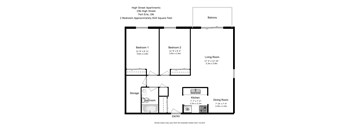 A black and white image of a floor plan for a two bedroom apartment.