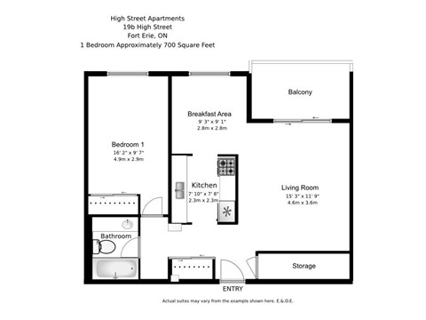 A floor plan of an apartment at 190 High Street, Fort Erie, ON.