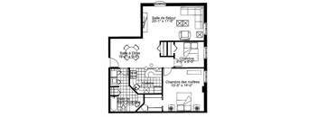 Two bedroom, one bathroom apartment layout at Heritage Lofts I in Gatineau, QC