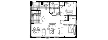 Two bedroom, one bathroom apartment layout at Heritage Lofts I in Gatineau, QC
