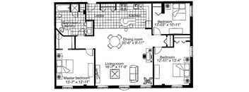 Three bedroom, one bathroom apartment layout at Heritage Lofts I in Gatineau, QC