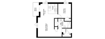 One bedroom, one bathroom apartment layout at Heritage Lofts II in Gatineau, QC