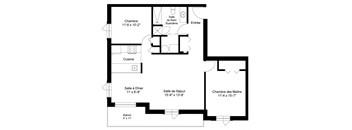 Two bedroom, one bathroom apartment layout at Heritage Lofts II in Gatineau, QC