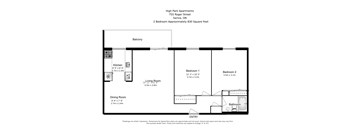 Two bedroom, one bathroom apartment layout at High Park Apartments in Sarnia, ON