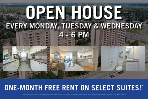A flyer advertises an open house every Monday, Tuesday, and Wednesday from 4-6 PM, offering a one-month free rent on select suites.
