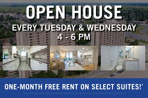 A flyer advertises an open house every Tuesday and Wednesday from 4-6 PM with one-month free rent on select suites.