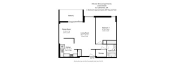 A floor plan of a one bedroom apartment in Hillcrest Terrace Apartments.