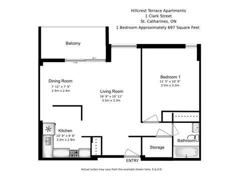 A floor plan of a one bedroom apartment in Hillcrest Terrace Apartments.