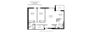 A floor plan for Hillcrest Terrace Apartments shows two bedrooms, a living room, a dining room, a kitchen, a bathroom, storage, and a balcony.