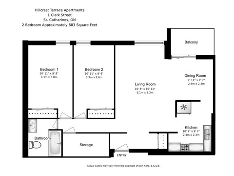 A floor plan for Hillcrest Terrace Apartments shows two bedrooms, a living room, a dining room, a kitchen, a bathroom, storage, and a balcony.