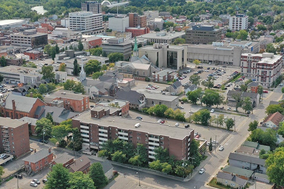Exterior of Hillcrest Terrace with Downtown St. Catharines in close proximity