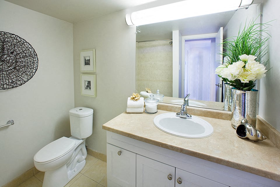 Well lit bathroom at Hillcrest Terrace in St. Catharines, ON