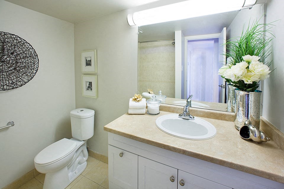 Well lit bathroom at Hillcrest Terrace in St. Catharines, ON