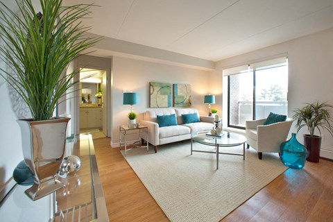 A living room with a white couch and a glass table.