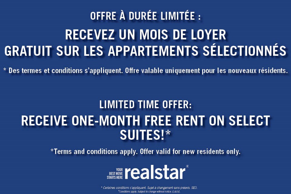 A promotional image for realstar offering a free month of loyer on selected apartments and one month free rent on select suites.