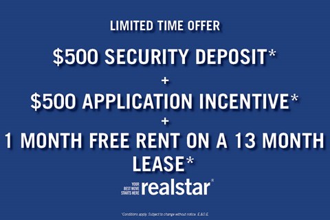 A promotional offer for a limited time includes a $500 security deposit, a $500 application incentive, and a free rent for the first month on a 13 month lease.