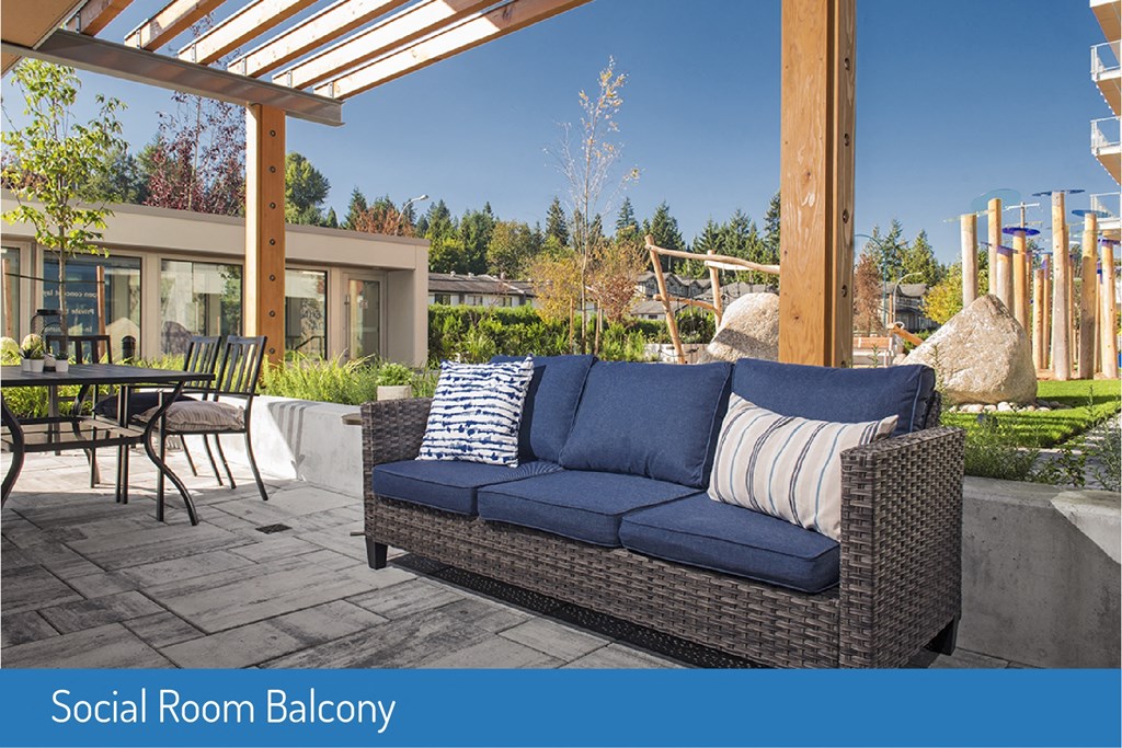 Inlet Glen Apartments Social Room Terrace featuring gazebo lounge seating in Port Moody, BC