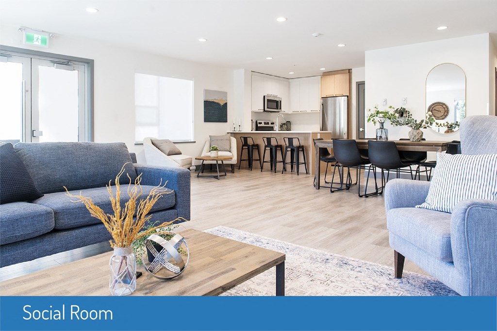 Inlet Glen Apartments Social Room featuring lounge seating and recessed lighting in Port Moody, BC