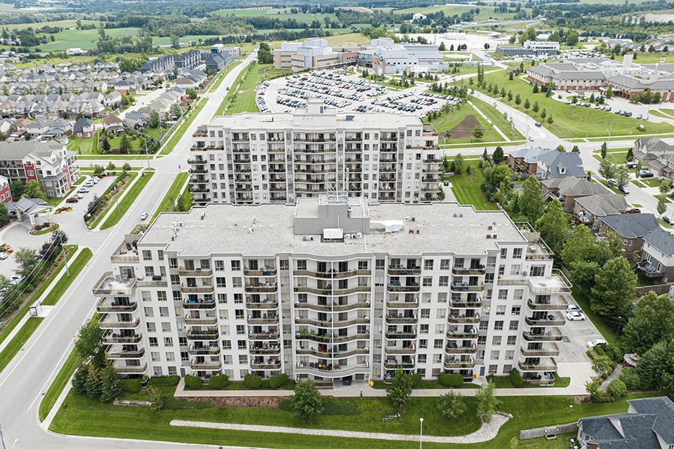 Juliana Place Apartments building drone exterior in Woodstock, ON