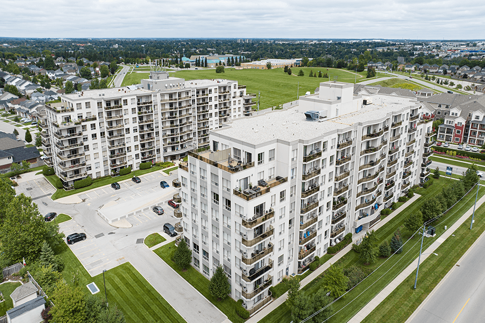 Juliana Place Apartments building drone exterior in Woodstock, ON