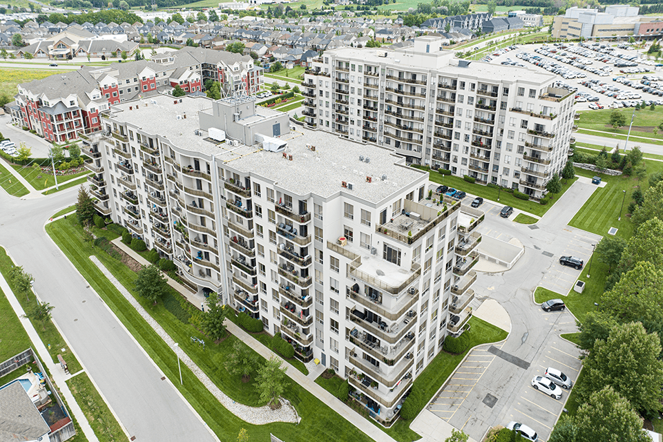 Juliana Place Apartments building drone exterior in Woodstock, ON