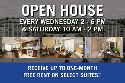 An advertisement for open house events on Wednesdays and Saturdays, offering a free one-month rent on select suites.
