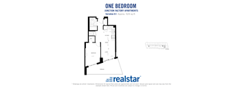 One bedroom, one bathroom apartment layout at Junction Factory Apartments in Toronto, ON