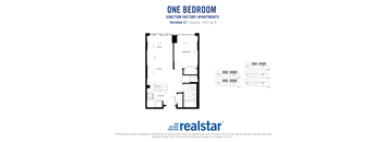 One bedroom, one bathroom apartment layout at Junction Factory Apartments in Toronto, ON
