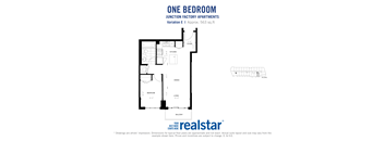One bedroom, one bathroom apartment layout at Junction Factory Apartments in Toronto, ON