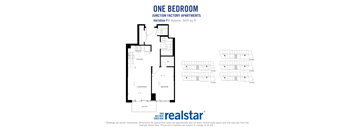 One bedroom, one bathroom apartment layout at Junction Factory Apartments in Toronto, ON
