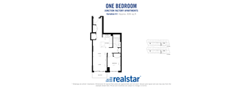 a floor plan of one bedroom one bathroom unit junction factory apartments in Toronto Ontario