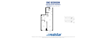 One bedroom, one bathroom apartment layout at Junction Factory Apartments in Toronto, ON