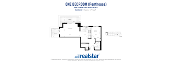 One bedroom, one bathroom penthouse apartment layout at Junction Factory Apartments in Toronto, ON
