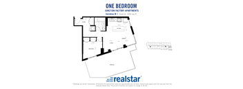 One bedroom, one bathroom apartment layout at Junction Factory Apartments in Toronto, ON