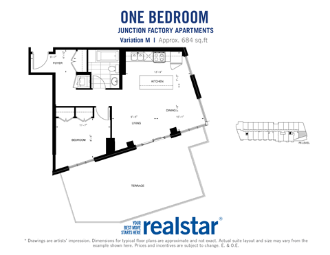 One bedroom, one bathroom apartment layout at Junction Factory Apartments in Toronto, ON