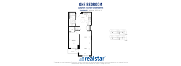 One bedroom, one bathroom apartment layout at Junction Factory Apartments in Toronto, ON