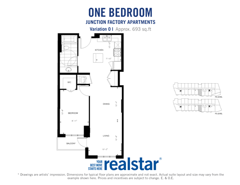 One bedroom, one bathroom apartment layout at Junction Factory Apartments in Toronto, ON